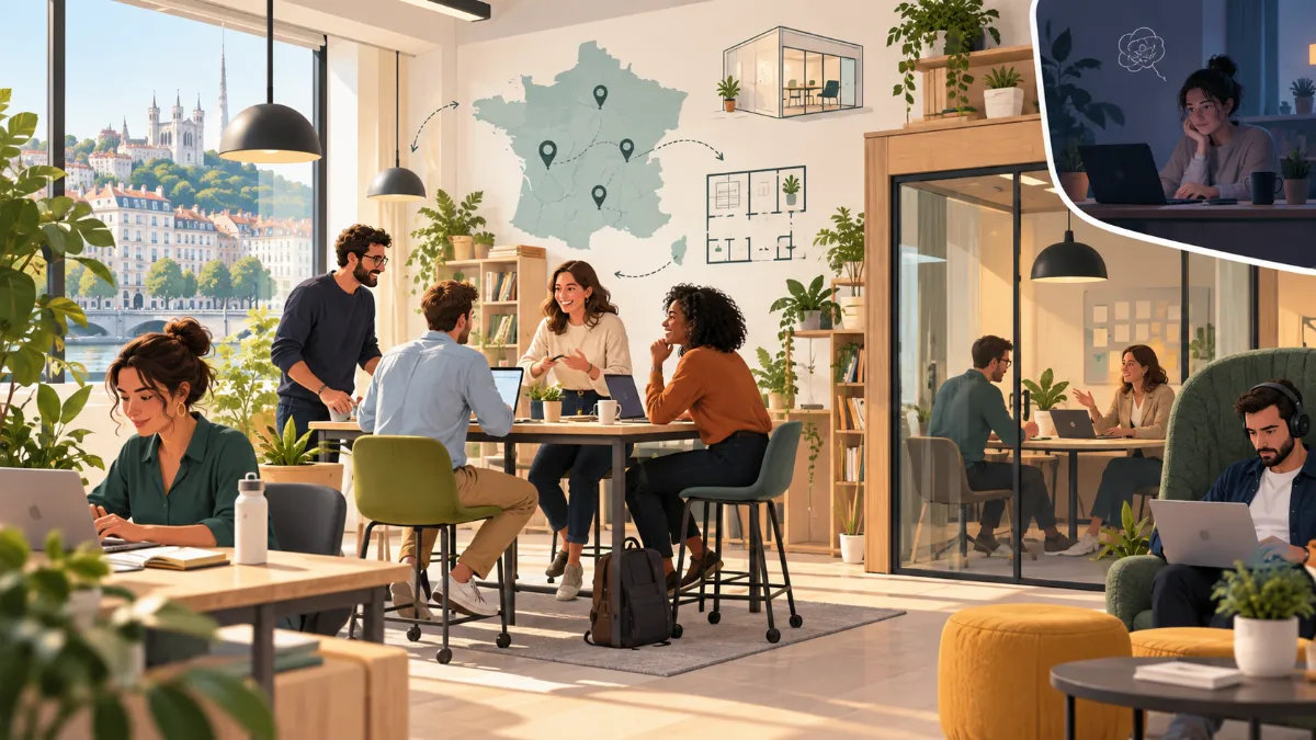 Illustration d'un espace de coworking lumineux où travaillent des indépendants et des salariés